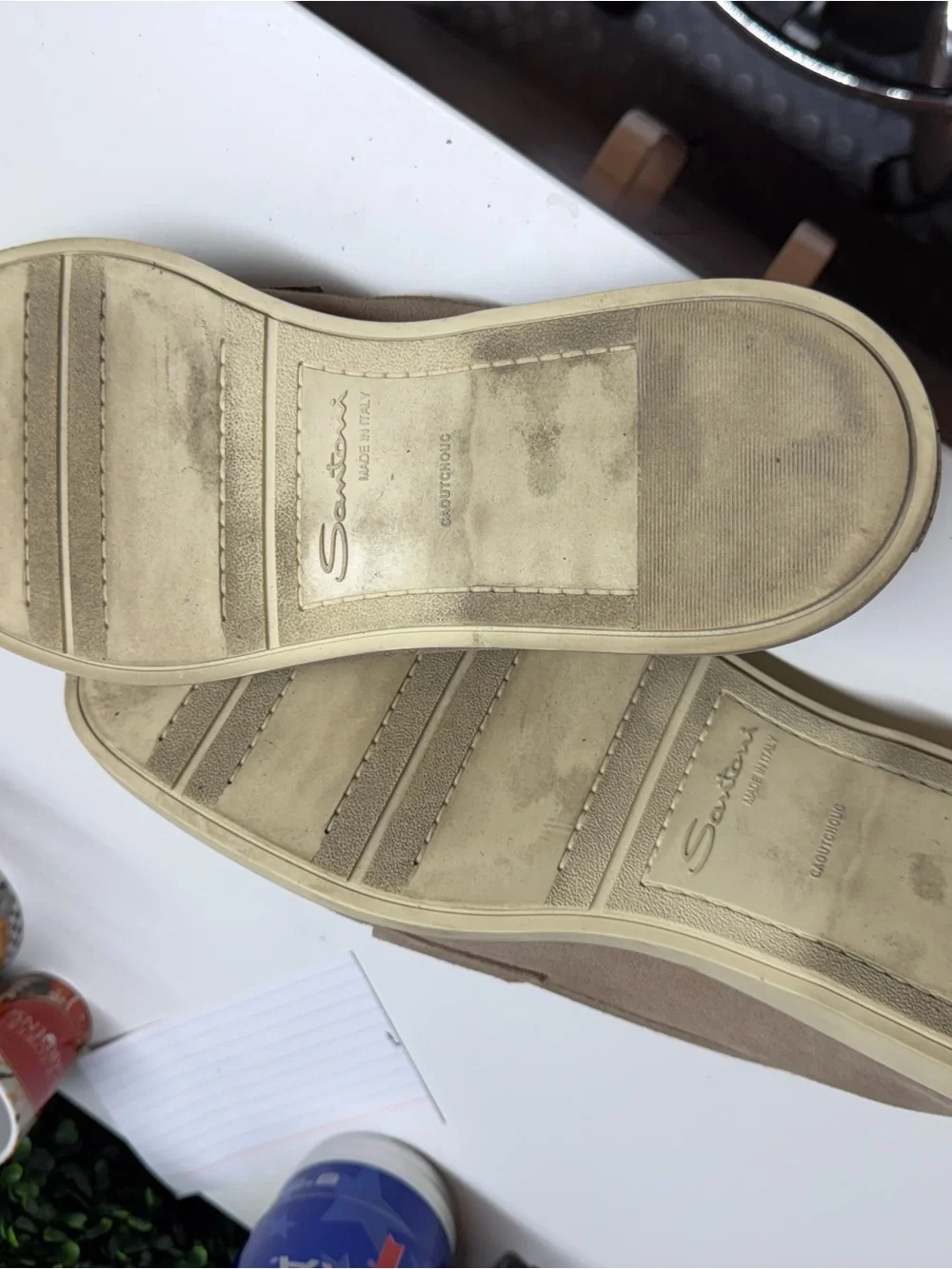 Santoni Taupe Suede Slip-On Penny Loafers